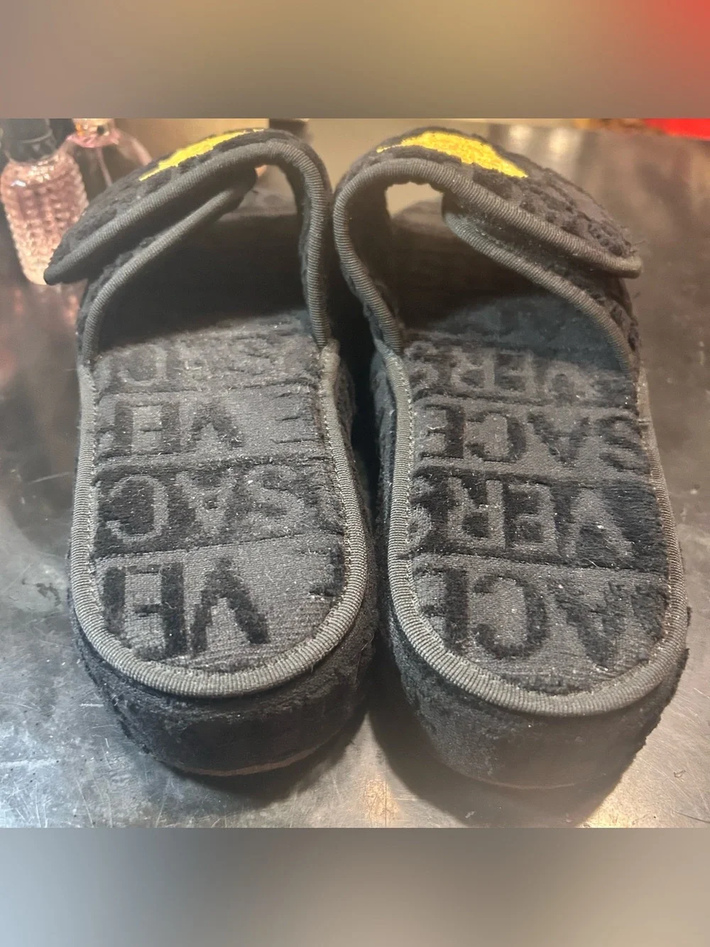 Sale- Versace Black Velour Slide Sandals with Gold Medusa Embroidery